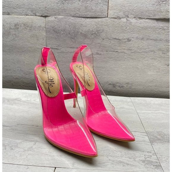 Fashion Nova Clear Neon Pink Pumps Sz 6 - Picture 2 of 5